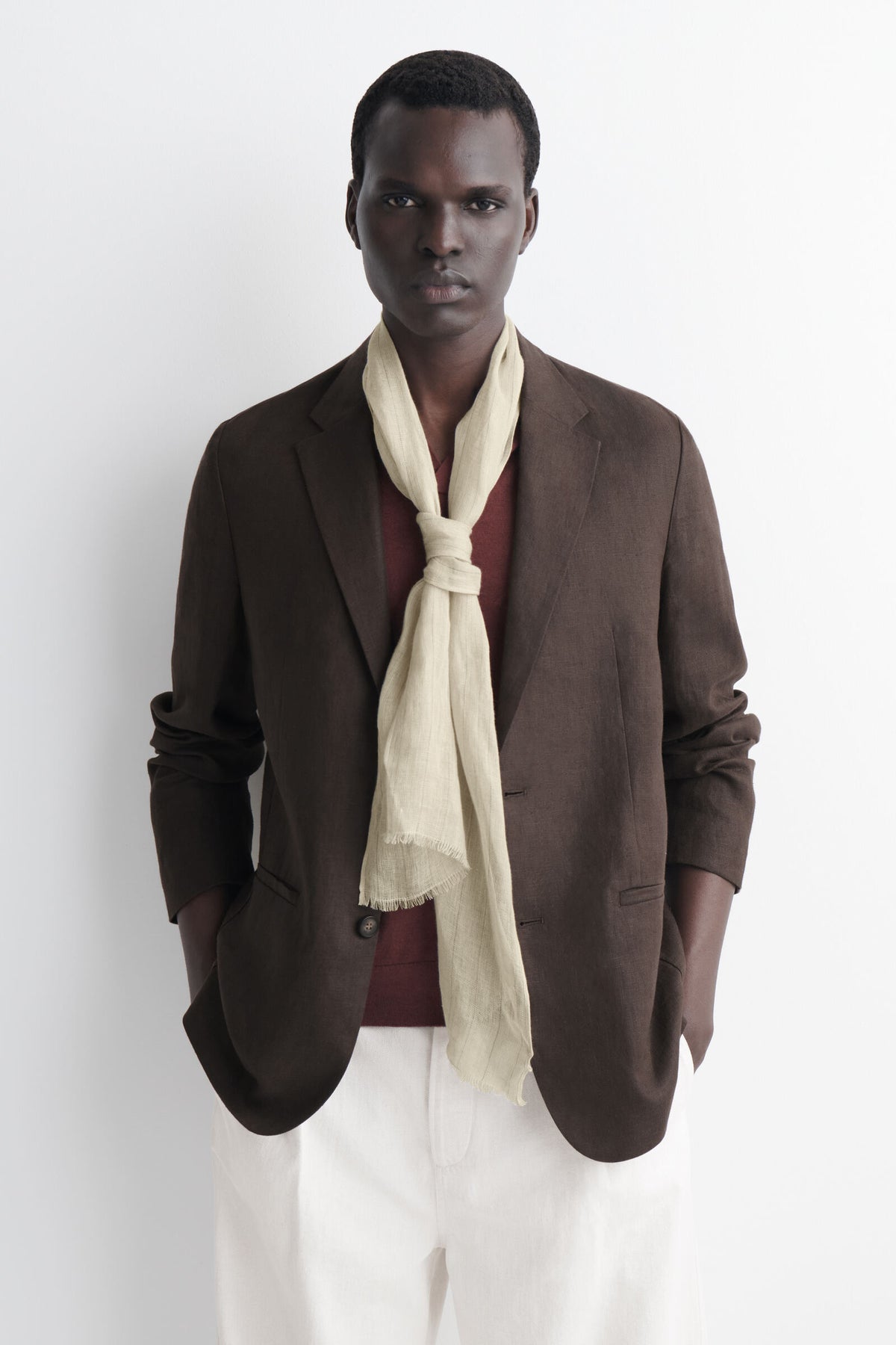 BUFANDA DE LINO CON FLECOS - BEIGE / RAYAS - StillMedia/Lookbook