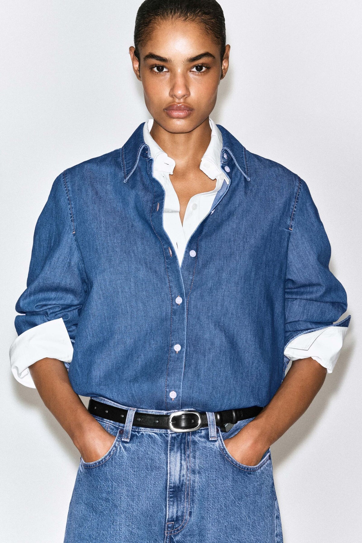 CAMISA DE MEZCLILLA LARGA - AZUL