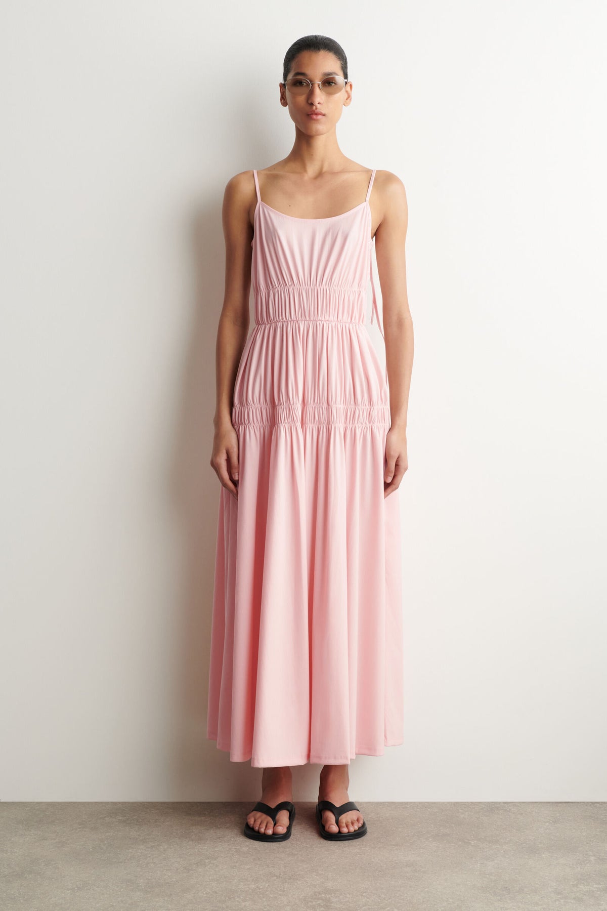 VESTIDO MIDI DE JERSEY RECOGIDO - ROSADO