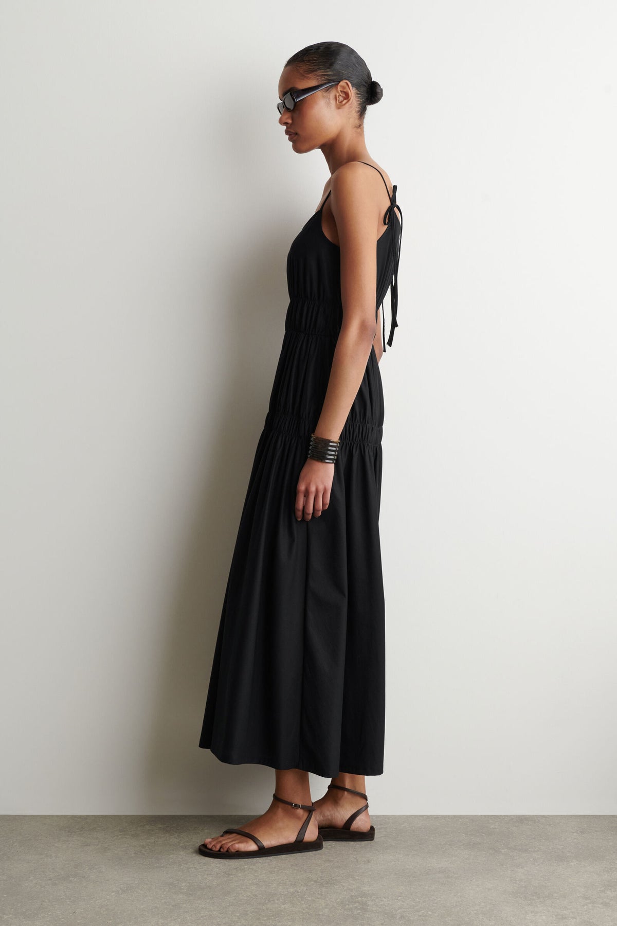 VESTIDO MIDI DE JERSEY RECOGIDO - NEGRO