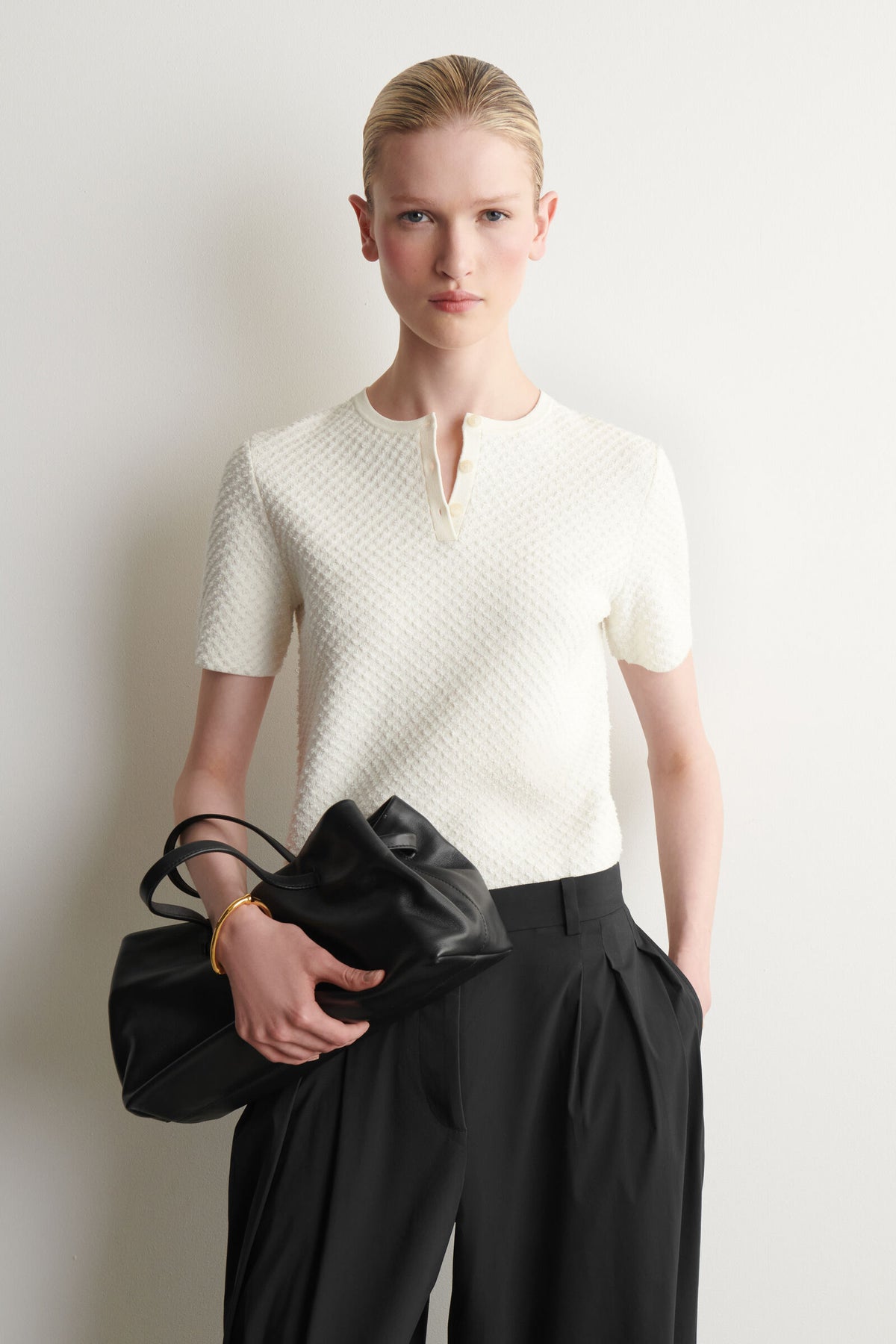 CAMISETA HENLEY DE PUNTO JACQUARD - CREMA