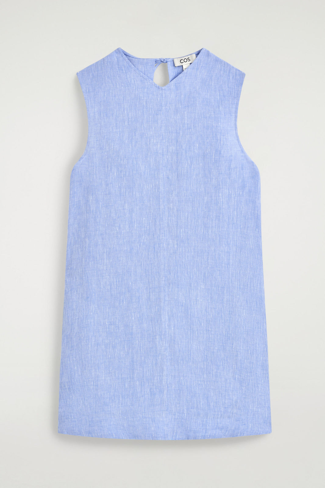 VESTIDO MINI DE LINO CON ESCOTE EN V Y ESPALDA ABIERTA - AZUL CLARO | DescriptiveStillLife