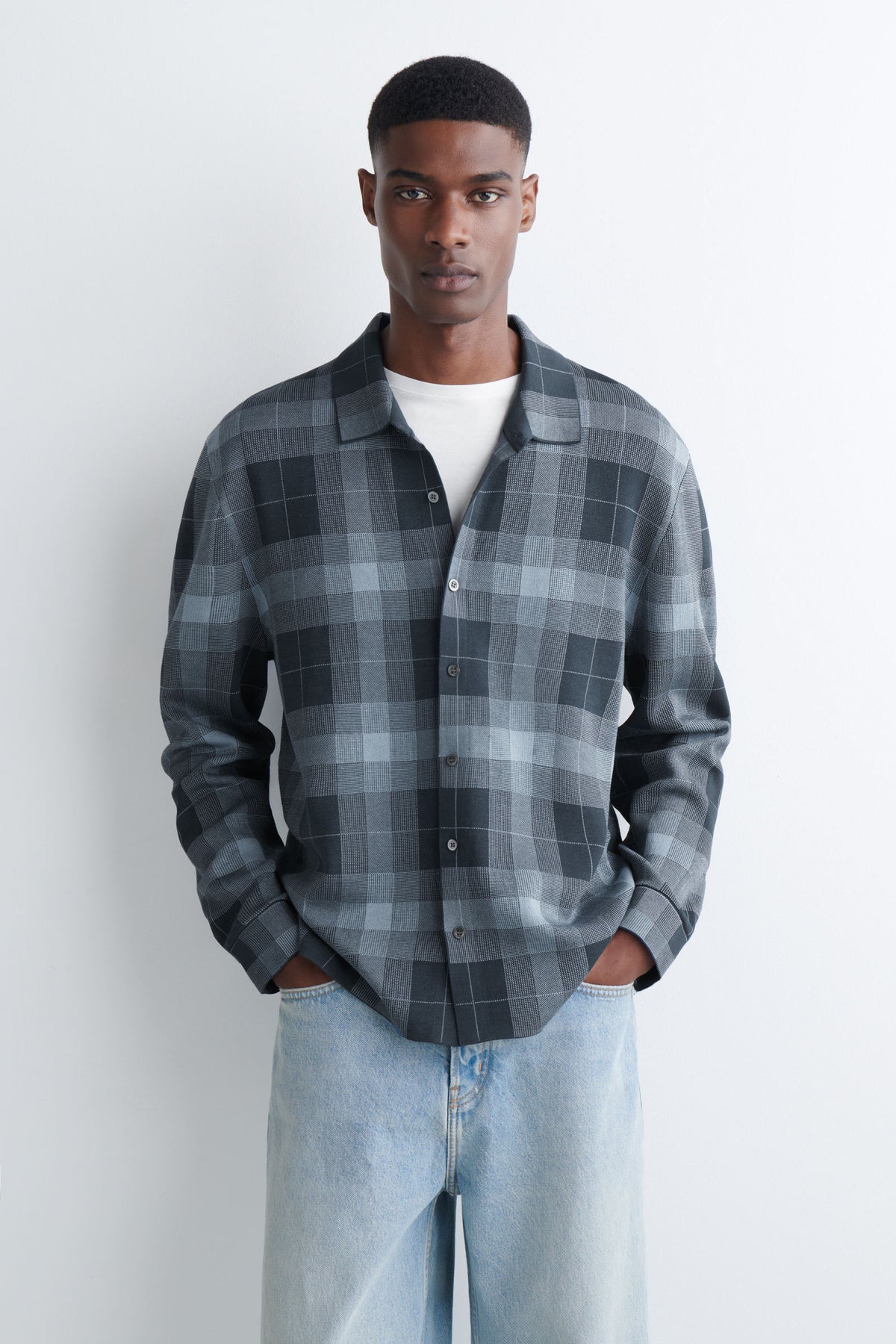 CAMISA DE ALGODÓN TEJIDO RELAJADO - AZUL MARINO / CUADROS - StillMedia/Lookbook