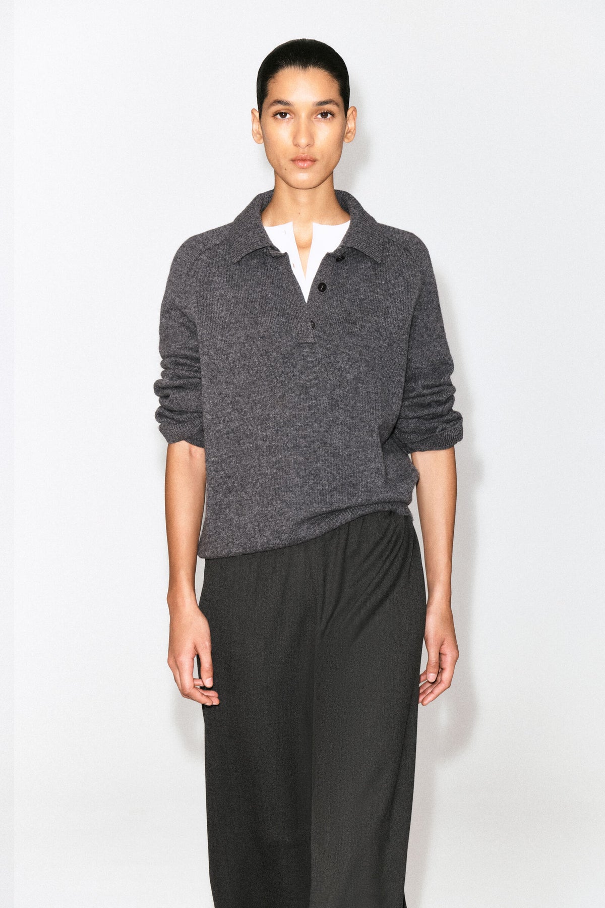 CAMISA DE POLO DE LANA MERINO - GRIS MEZCLA
