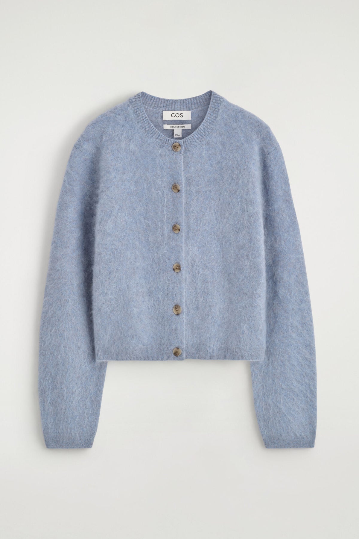 CÁRDIGAN DE CASHMERE PEINADO CON CUELLO REDONDO - AZUL | DescriptiveStillLife