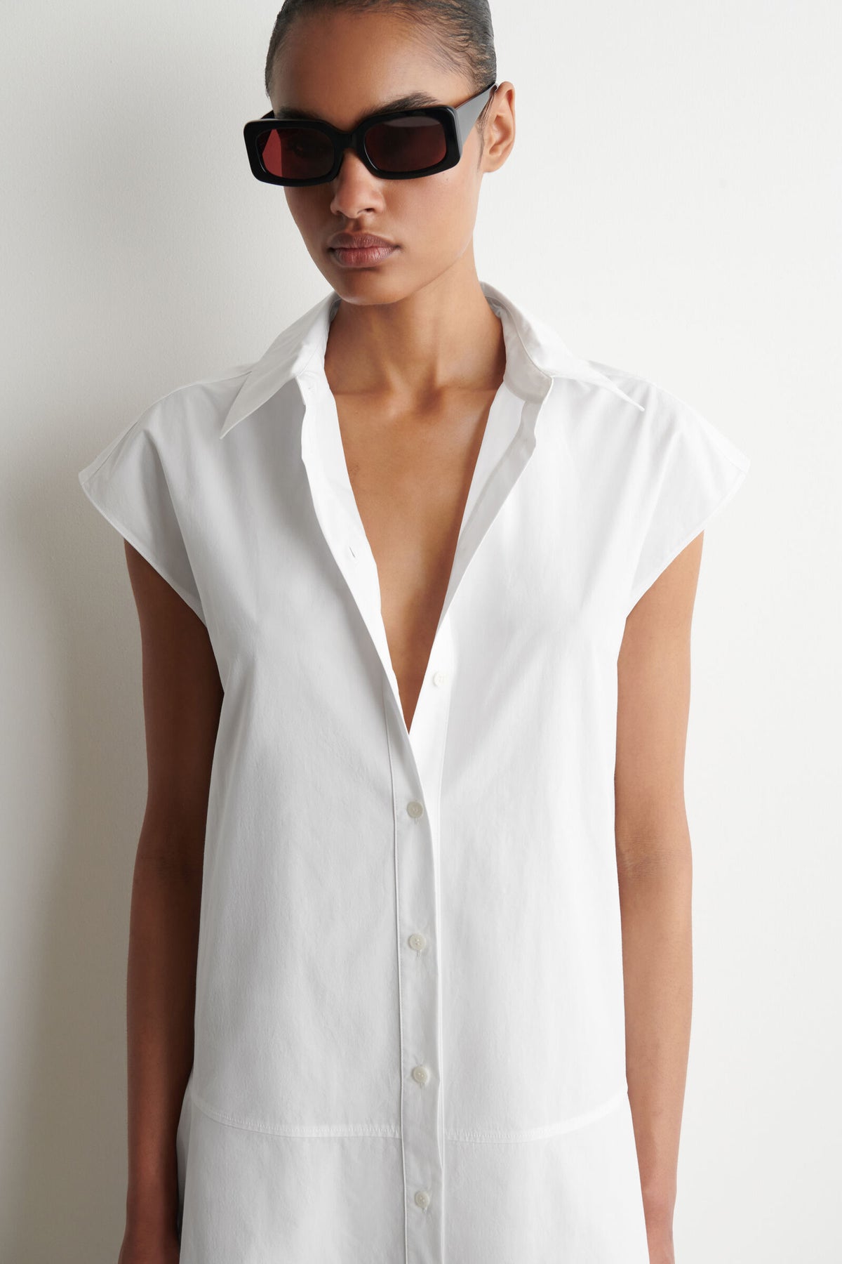 VESTIDO CAMISERO SIN MANGAS DE POPLIN DE ALGODÓN - BLANCO