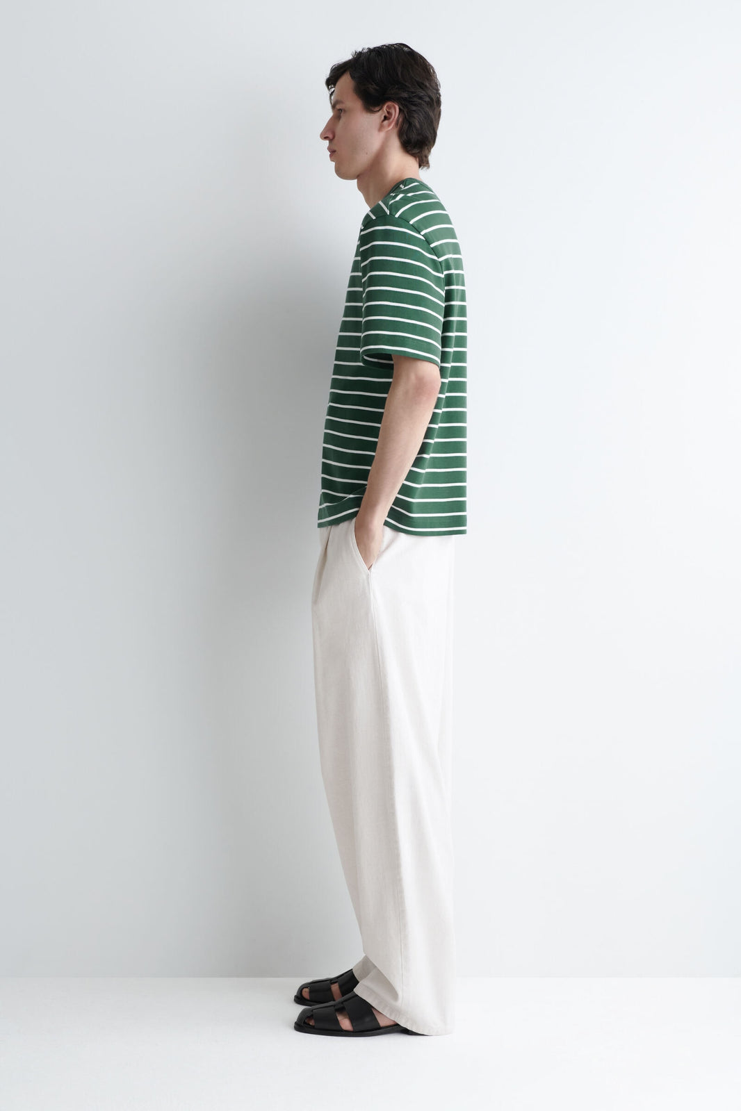 CAMISETA DE ALGODÓN ENTRELAZADO CON CUELLO REDONDO - VERDE / BLANCO / RAYAS