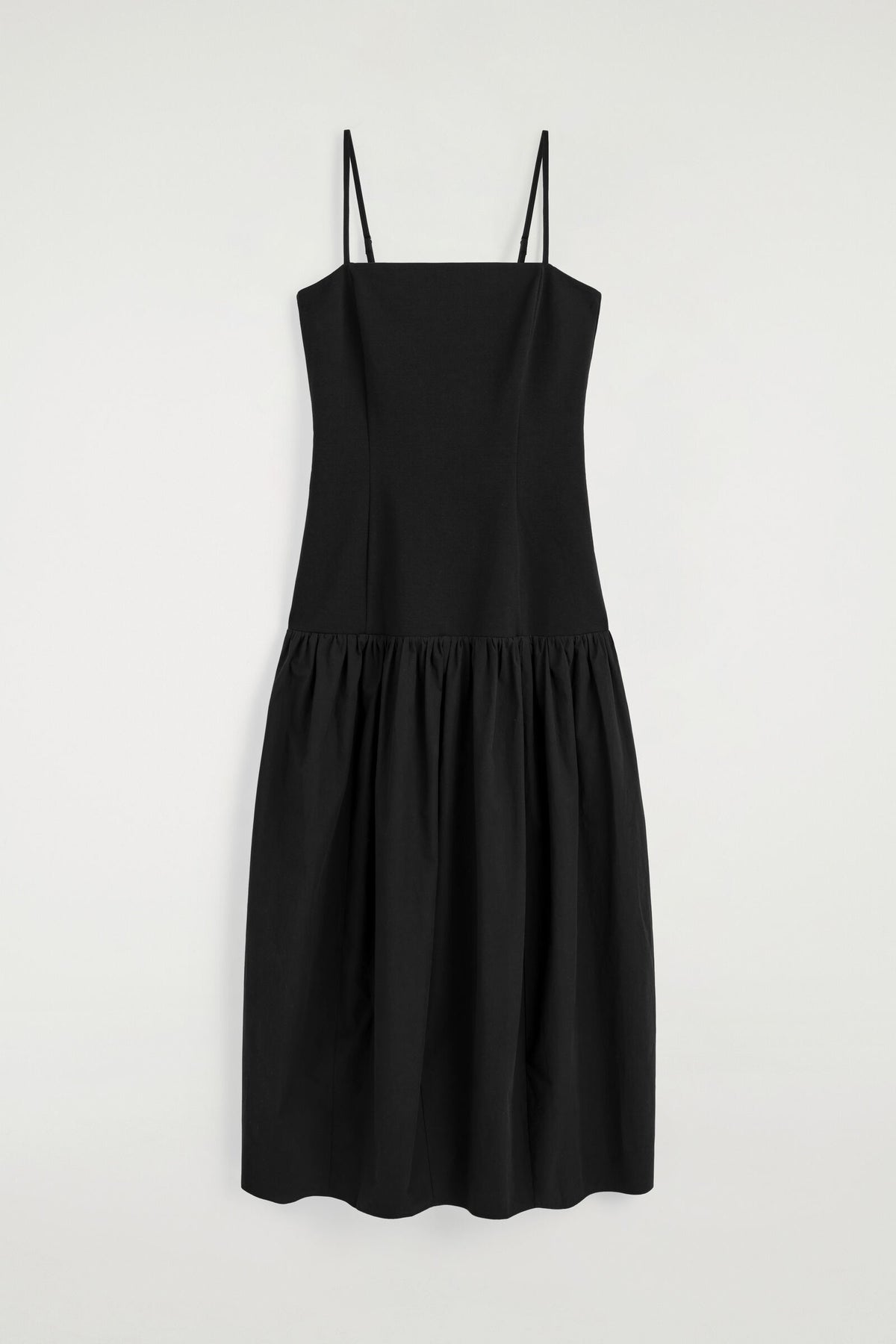 VESTIDO MIDI ESCULTÓRICO CON CINTURA CAÍDA - NEGRO | DescriptiveStillLife