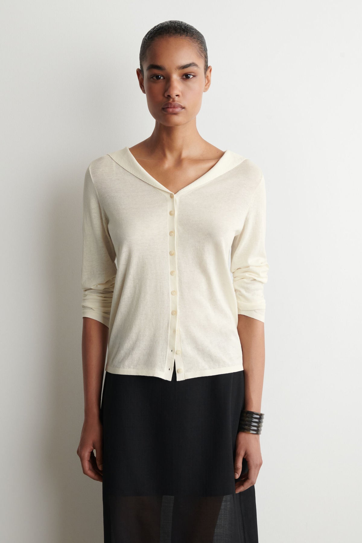 CAMISA DE ALGODÓN Y SEDA TEJIDA CON CUELLO DE MARINERO - CREMA