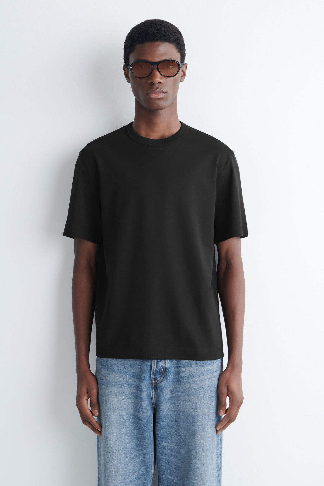CAMISETA DE ALGODÓN ENTRELAZADO CON CUELLO REDONDO - NEGRO