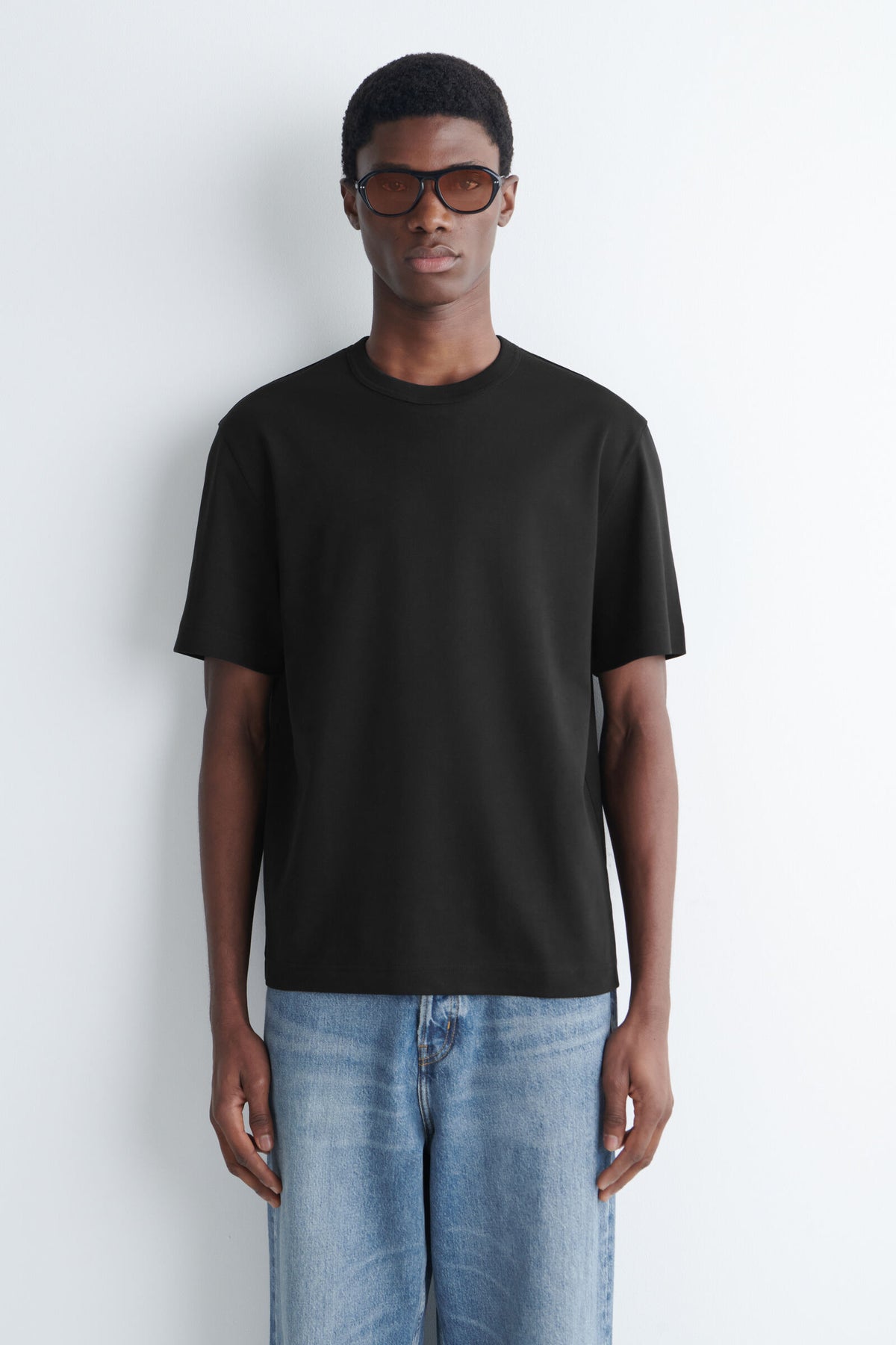 CAMISETA DE ALGODÓN ENTRELAZADO CON CUELLO REDONDO - NEGRO