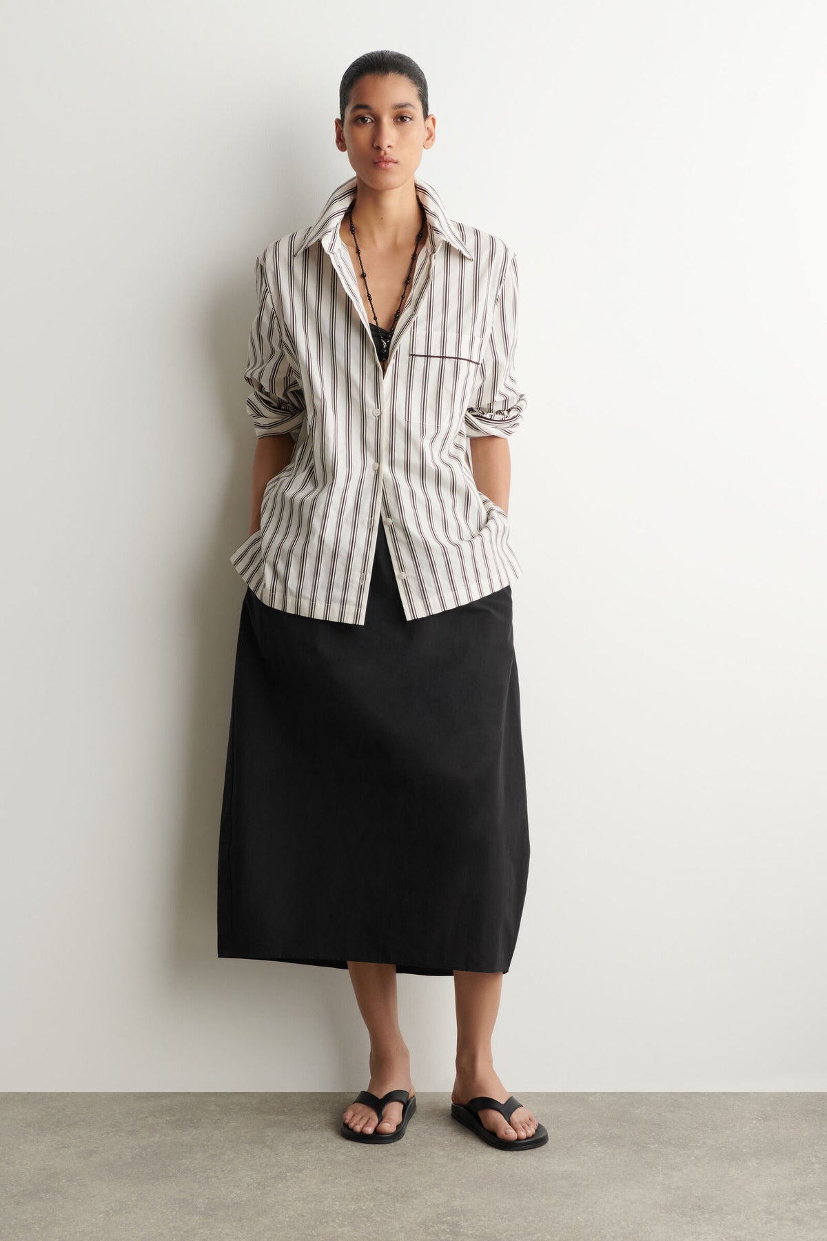 CAMISA DE ALGODÓN A RAYAS CON CONTRASTE - BLANCO / MARRÓN / RAYADO