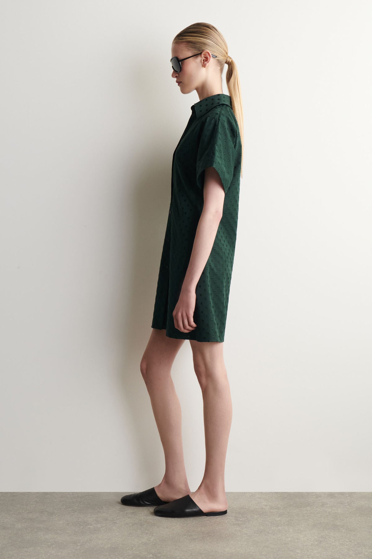 VESTIDO CAMISA DE ALGODÓN JACQUARD DE LUNARES - VERDE OSCURO / LUNARES