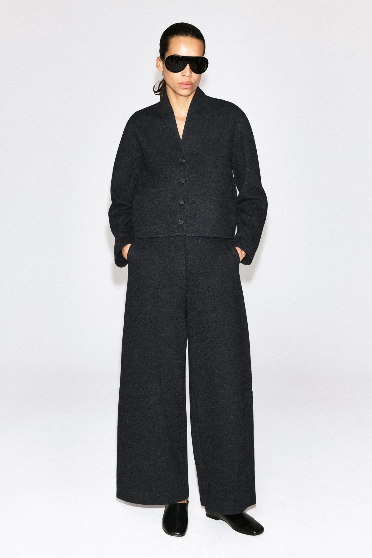 PANTALONES DE PIERNA BARREL DE MEZCLA DE LANA ESCALDADA - GRIS MEZCLA
