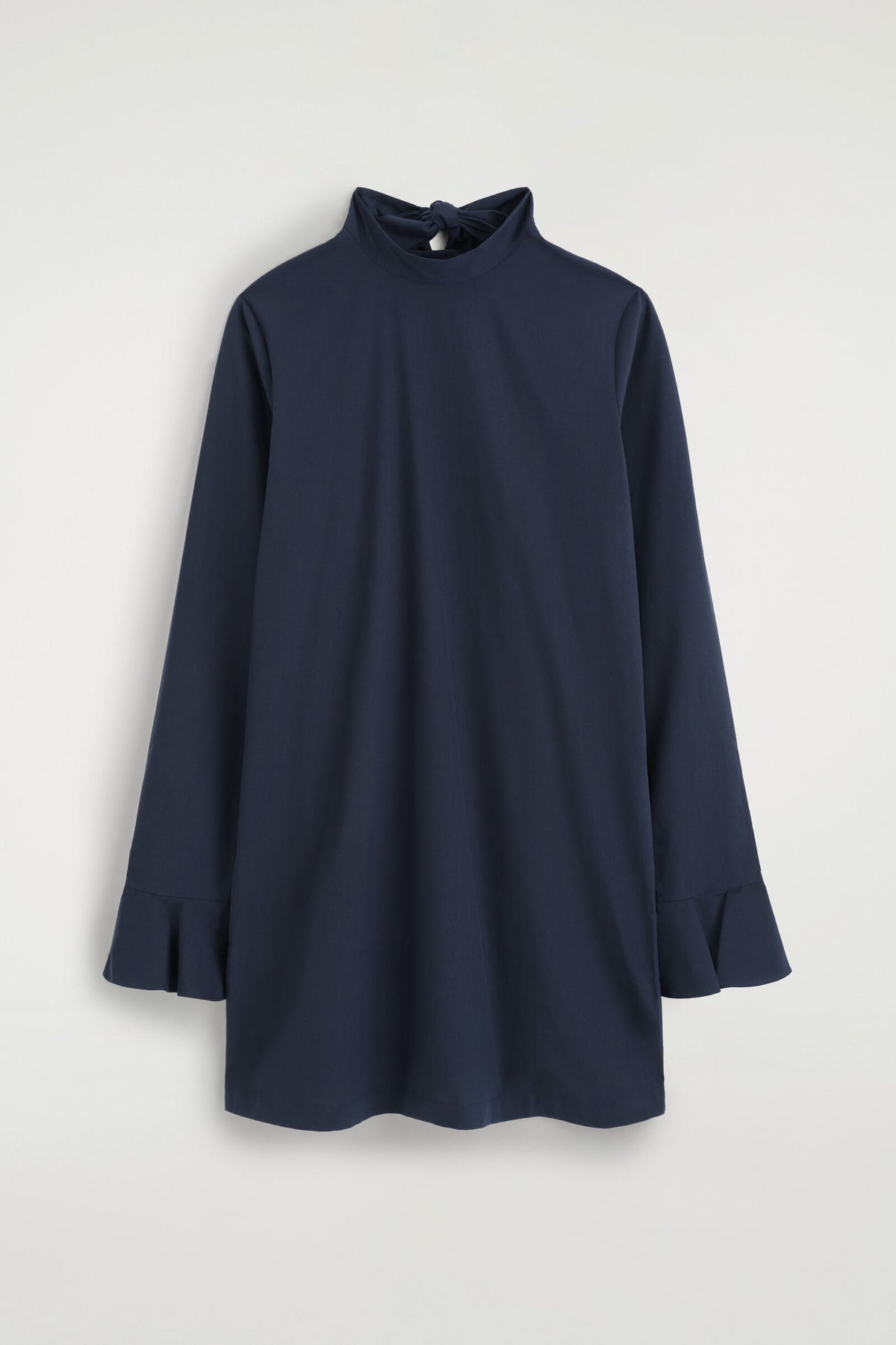 VESTIDO MINI DE ALGODÓN CON PUÑOS ACAMPANADOS - AZUL MARINO | DescriptiveStillLife