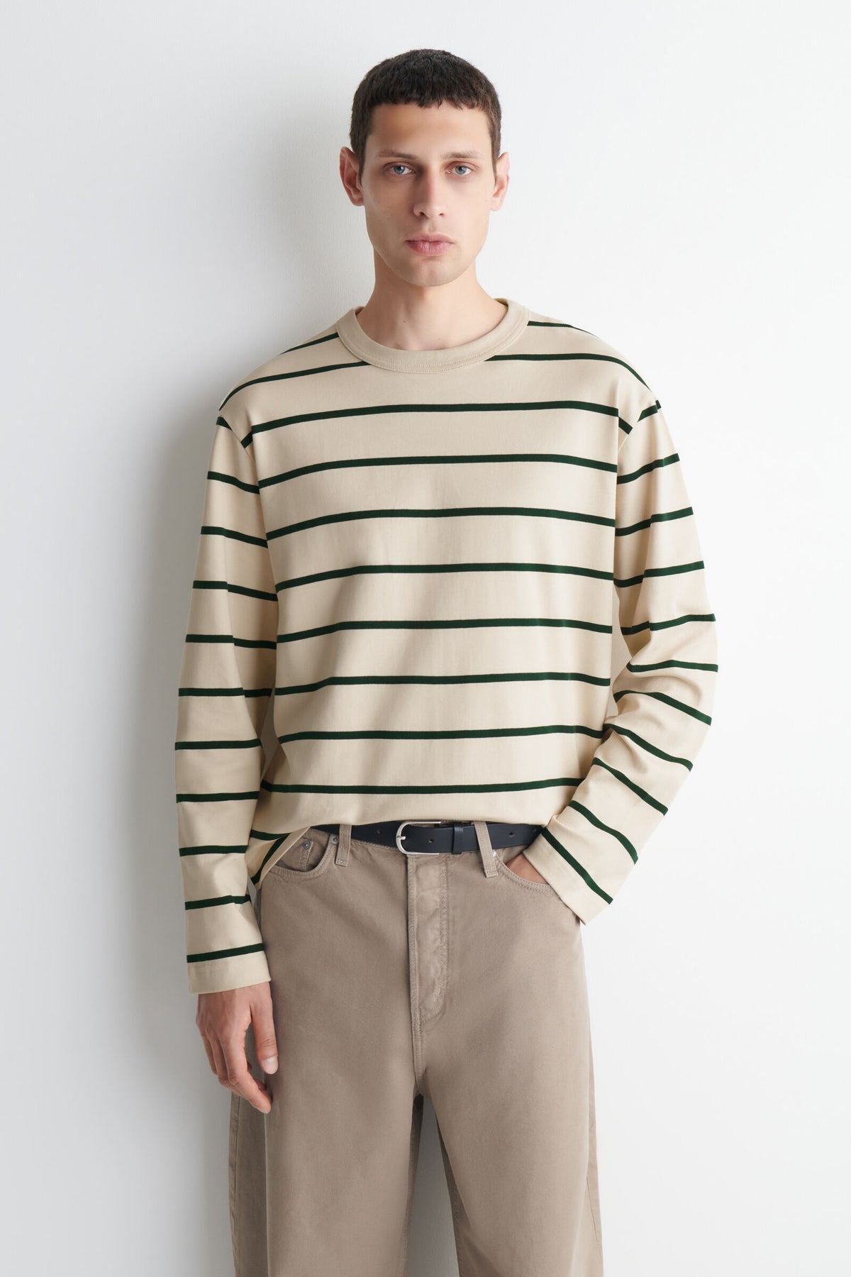 CAMISETA DE JERSEY INTERLOCK RELAJADA DE MANGA LARGA - MARFIL / VERDE / RAYAS