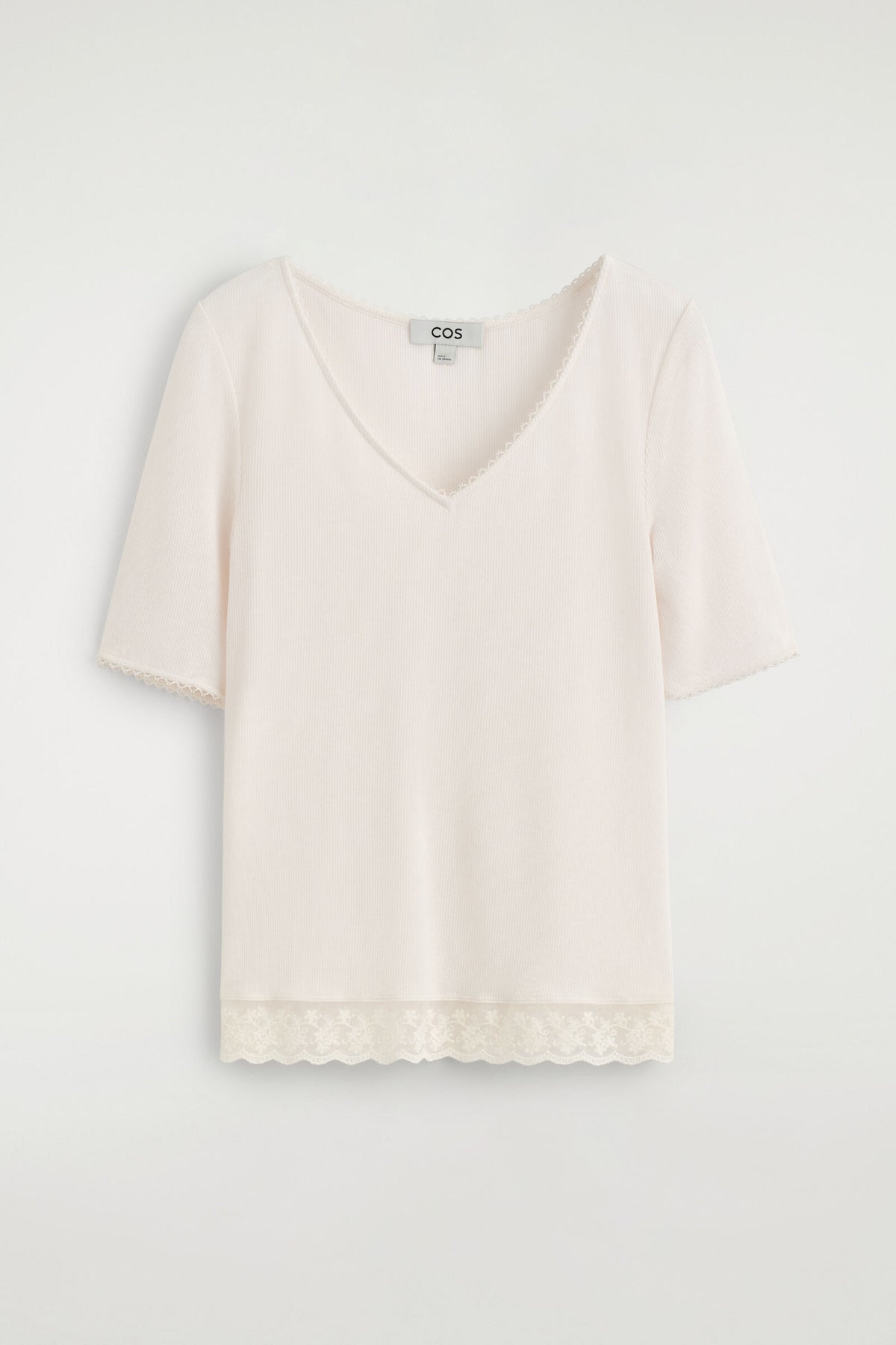 CAMISETA DE CUELLO EN V ACANALADA CON ENCAJE - BLANCO - StillMedia/DescriptiveStillLife