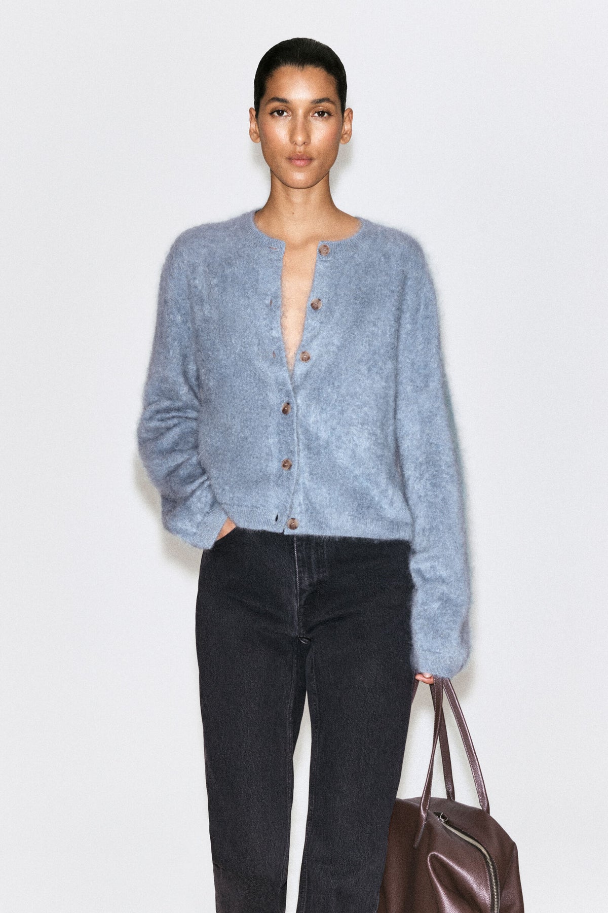CÁRDIGAN DE CASHMERE PEINADO CON CUELLO REDONDO - AZUL