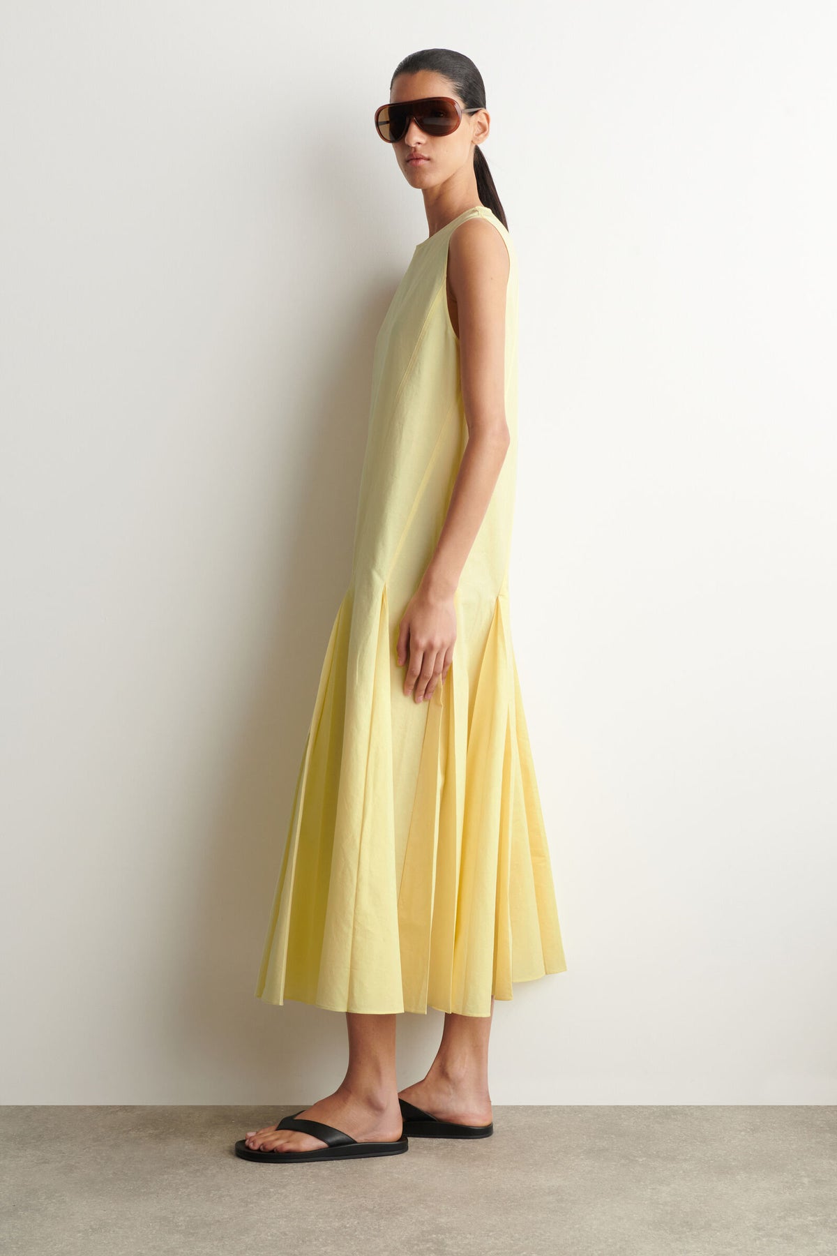 VESTIDO MAXI DE ALGODÓN Y LINO PLISADO - AMARILLO
