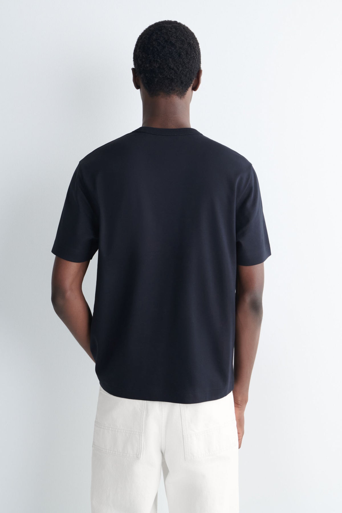 CAMISETA DE ALGODÓN ENTRELAZADO CON CUELLO REDONDO - AZUL MARINO