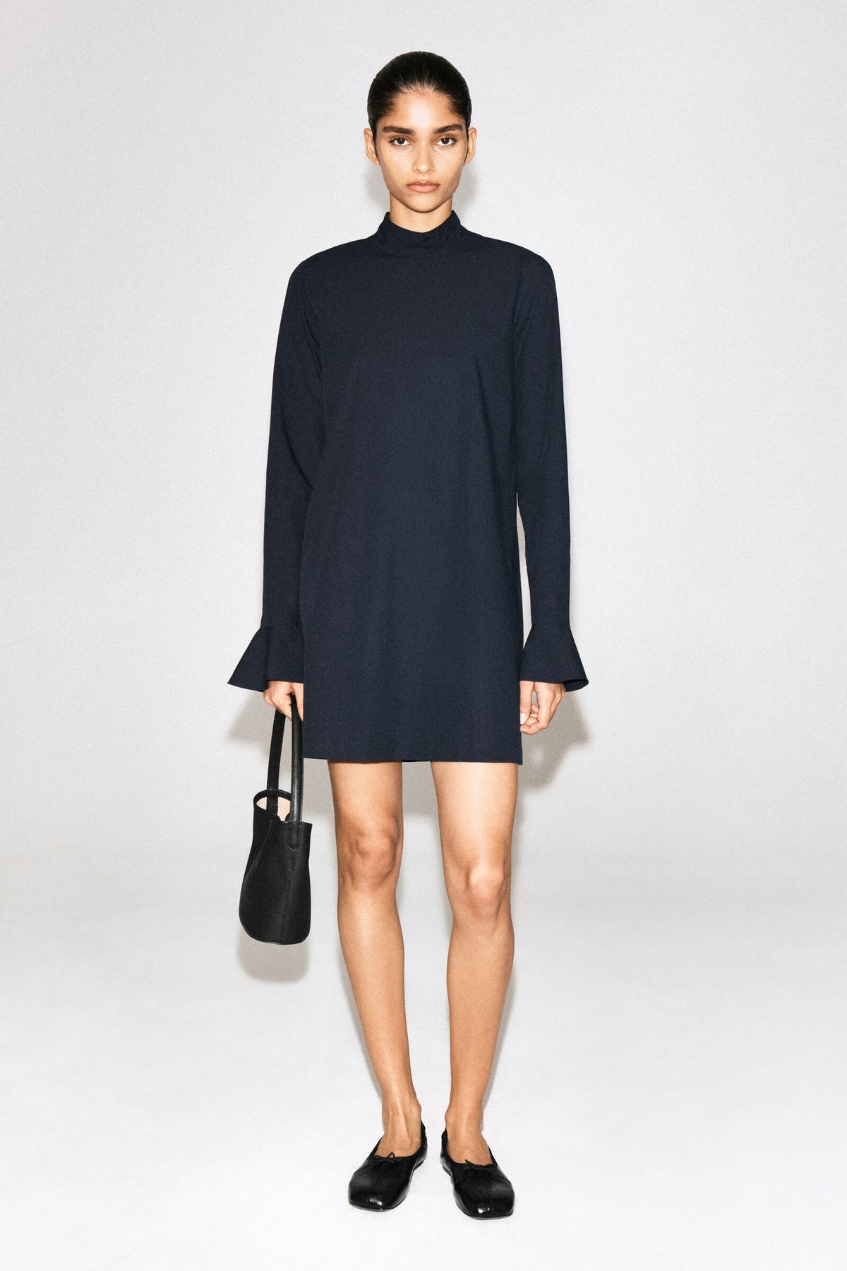 VESTIDO MINI DE ALGODÓN CON PUÑOS ACAMPANADOS - AZUL MARINO