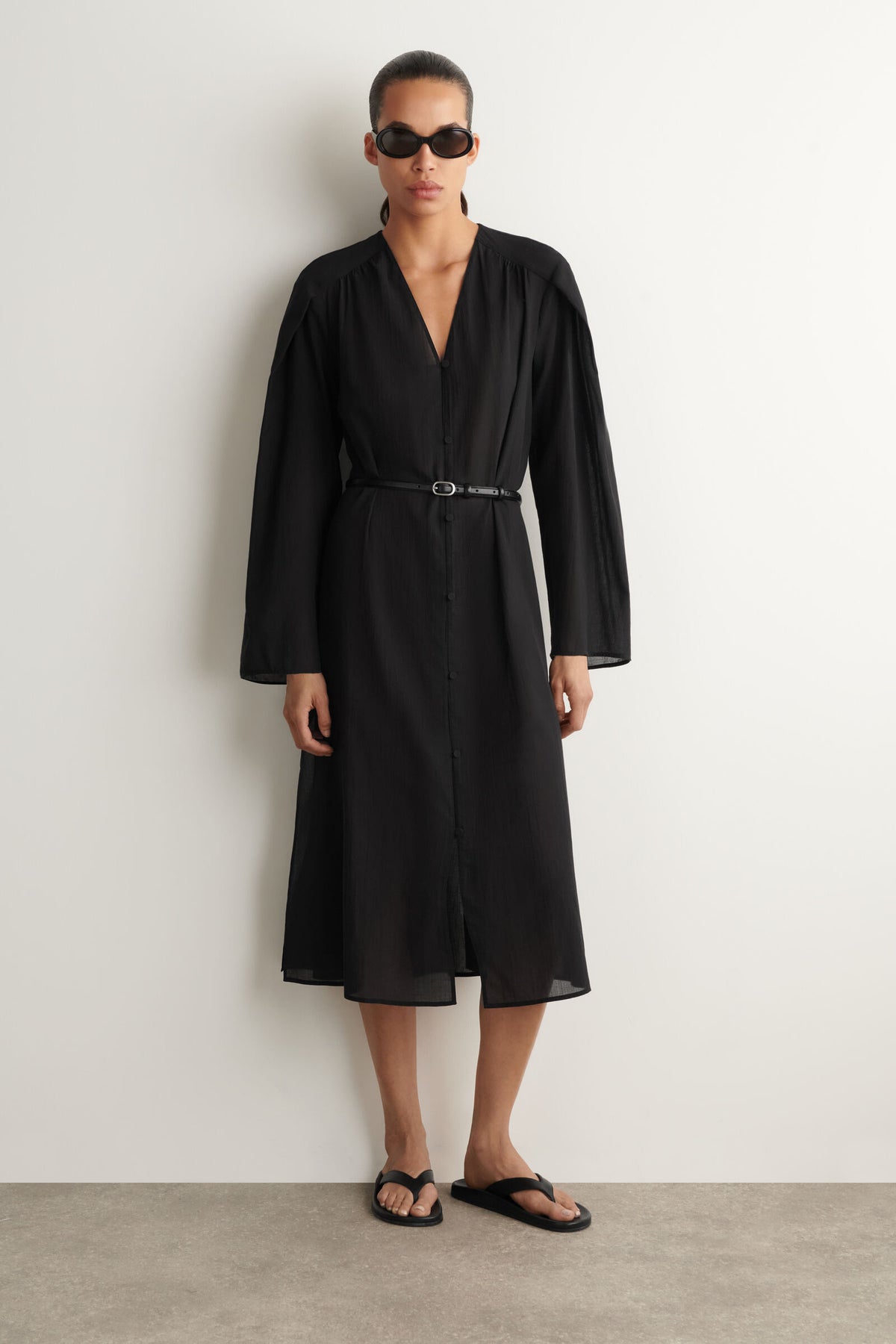 VESTIDO MIDI DE ALGODÓN LIGERO FRUNCIDO - NEGRO
