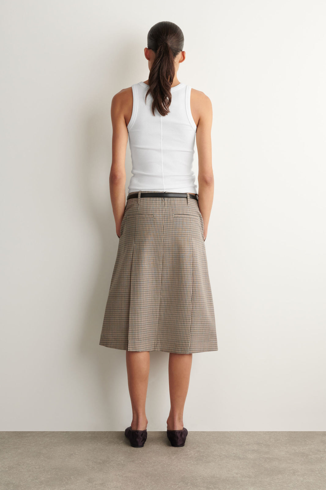 FALDA MIDI DE LANA CON PLIEGUES - BEIGE / CUADROS