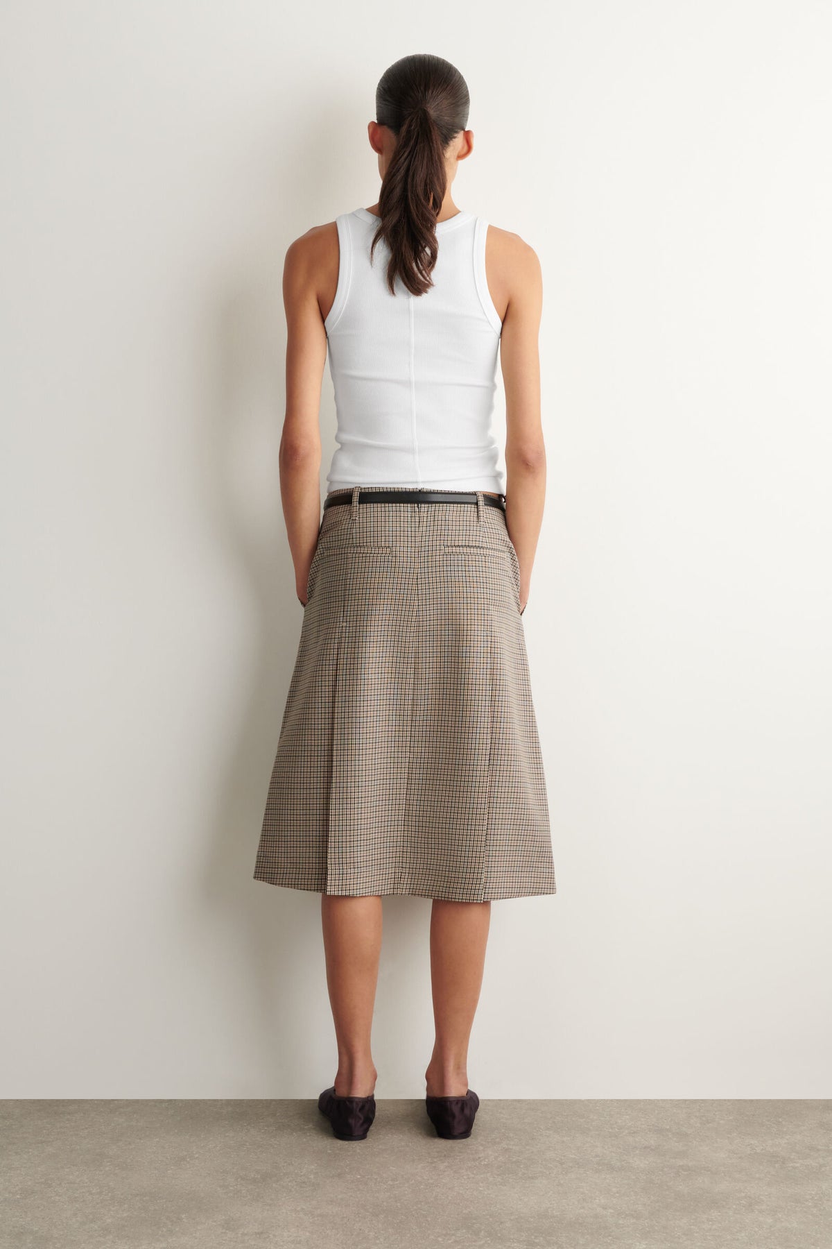 FALDA MIDI DE LANA CON PLIEGUES - BEIGE / CUADROS